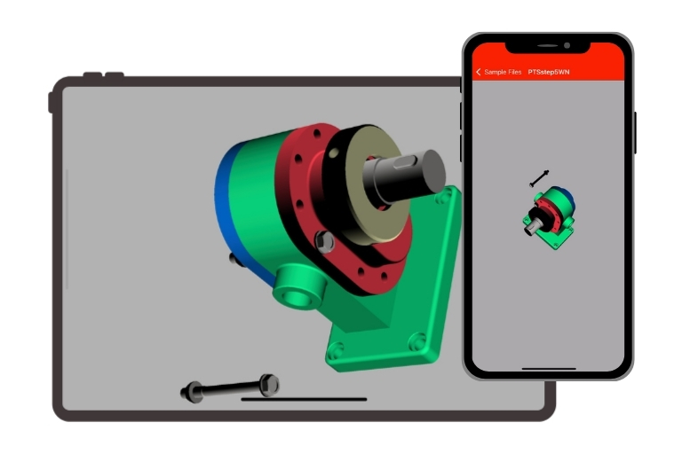 3D CAD Viewer on iPad showing interactive engineering design with zoom and rotate features.