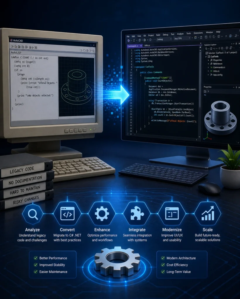 Engineering teams upgrading AutoCAD: from legacy VB6 code to efficient C# .NET environment with custom tools and SolidWorks automation