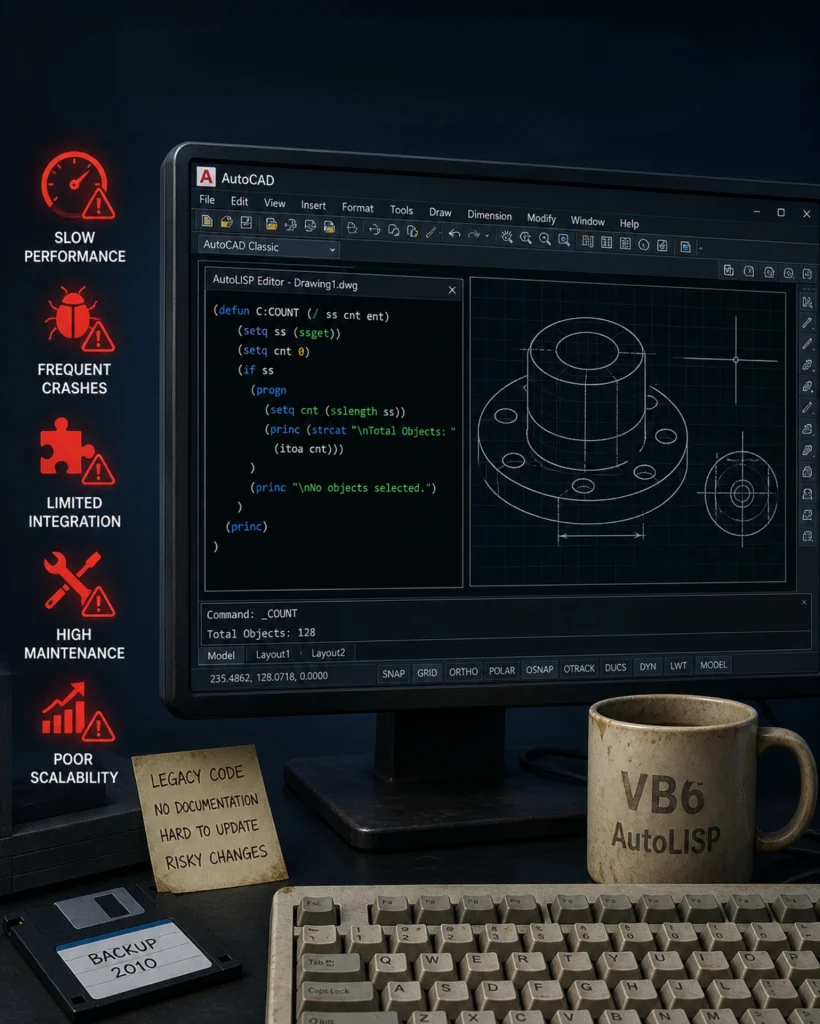 Challenges of outdated AutoCAD applications: VB6, AutoLISP bottlenecks vs. fast C# .NET modernization, custom AutoCAD tools, and SolidWorks automation